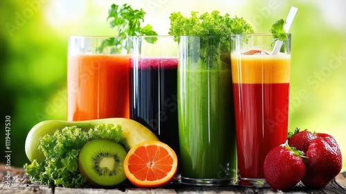 Colorful Fresh Juices and Fruits Arranged Beautifully