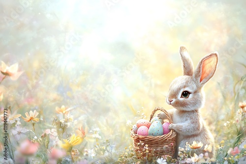 Easter Bunny with a Basket of Eggs Surrounded by Spring Flowers photo