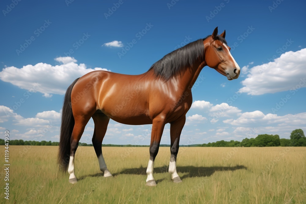 there is a brown horse standing in a field of grass