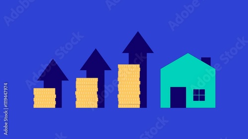 Animated coins, house icons and graphic arrows on a blue background, perfect for property and financial growth themed content.