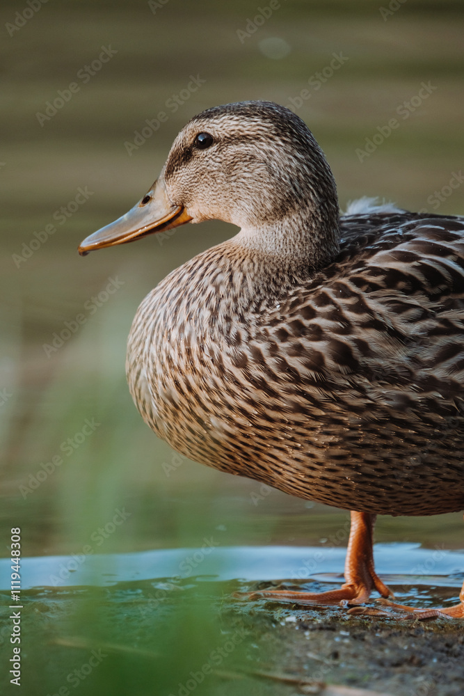 A detailed close-up of a wild mallard duck standing near the water's edge. Perfect for nature, wildlife, and animal-themed visuals. A detailed close-up of a wild mallard duck standing near the water's edge. Perfect for nature, wildlife, and animal-themed visuals.
