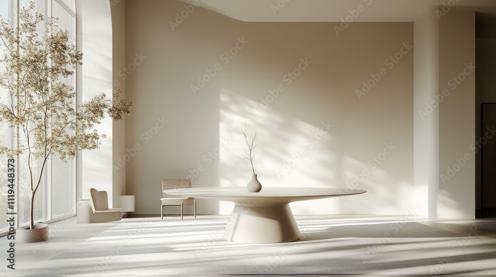 Fototapeta premium A bright table becomes the focal point in a minimalist living room with understated decor, neutral furnishings, and warm light creating balance