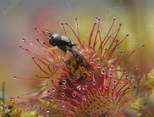 Rundblättriger Sonnentau (Drosera rotundifolia)  mit gefangener Fliege