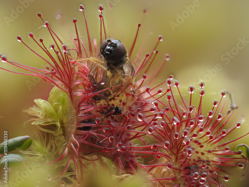 Rundblättriger Sonnentau (Drosera rotundifolia)  mit gefangener Fliege photo