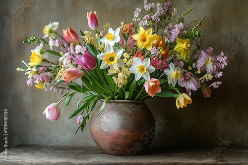 Easter Flowers in a Rustic Vase Including Daisies and Tulips photo