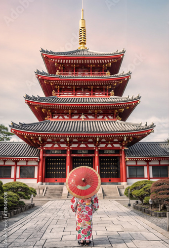 Girl with traditional dress in Senso-ji temple in Asakusa, Tokyo
