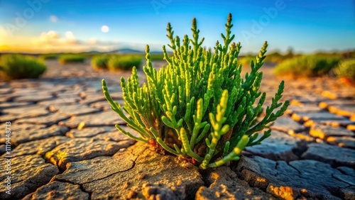 Low Light Close-up Photography: Europaea Plant on Cracked Ground - Glasswort, Samphire, Sea Asparagus
