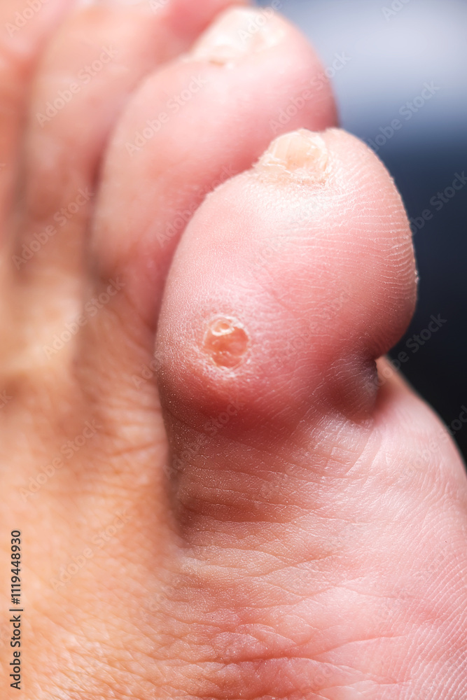 This image shows a close up of a persons foot with a wart found on the toe This image shows a close up of a persons foot with a wart found on the toe