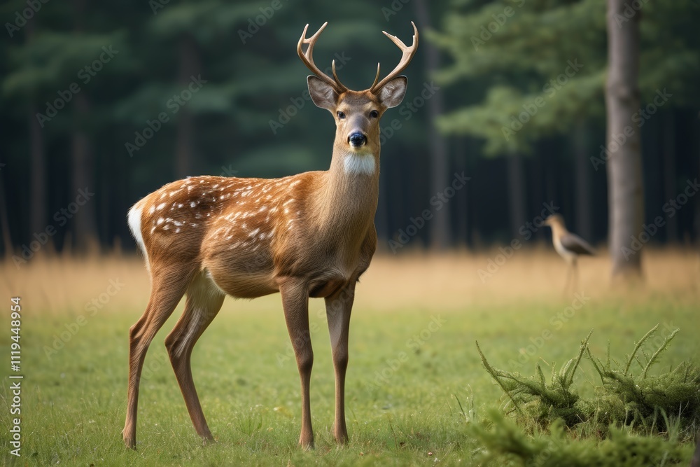 there is a deer that is standing in the grass with a bird in the background there is a deer that is standing in the grass with a bird in the background
