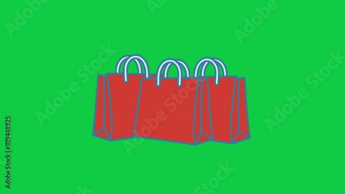 Animation of three red shopping bag fall from above. 4K video green screen. Commerce concept.