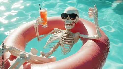 Skeleton wearing sunglasses relaxing on an inflatable ring in a swimming pool and holding cocktails photo