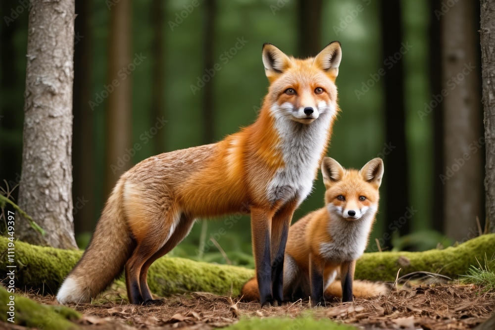 there are two foxes standing in the woods together there are two foxes standing in the woods together