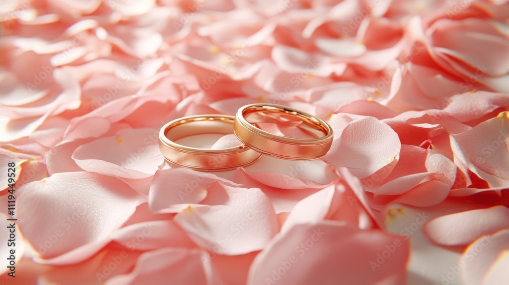 Two gold wedding rings rest on a bed of pink rose petals.