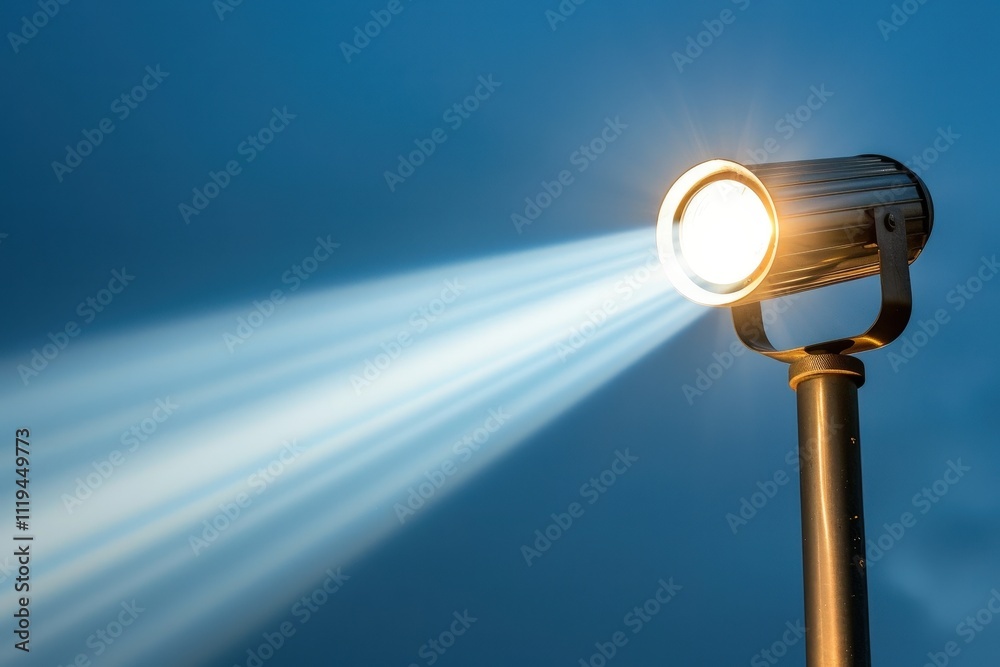 A spotlight is shining on a blue sky