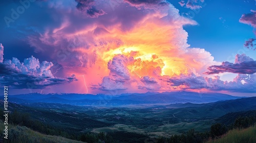 Dramatic sunset over mountains with vibrant clouds and lightning.