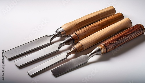 A set of chisels with wooden handles, resting on a clean white surface. These chisels are used for carving or shaping wood, making them essential tools for woodworking and crafting. photo