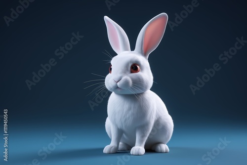 a close up of a white rabbit with red eyes sitting on a blue surface