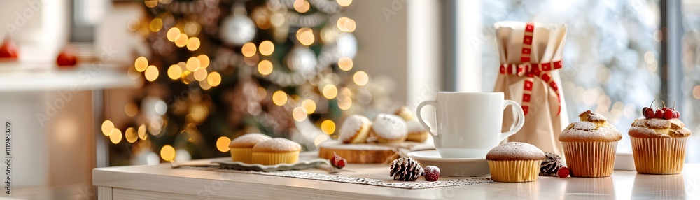 Festive cupcakes and coffee by the christmas tree cozy indoor scene Festive cupcakes and coffee by the christmas tree cozy indoor scene