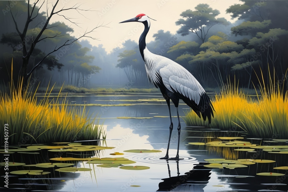 Fototapeta premium painting of a crane standing in a pond with lily pads