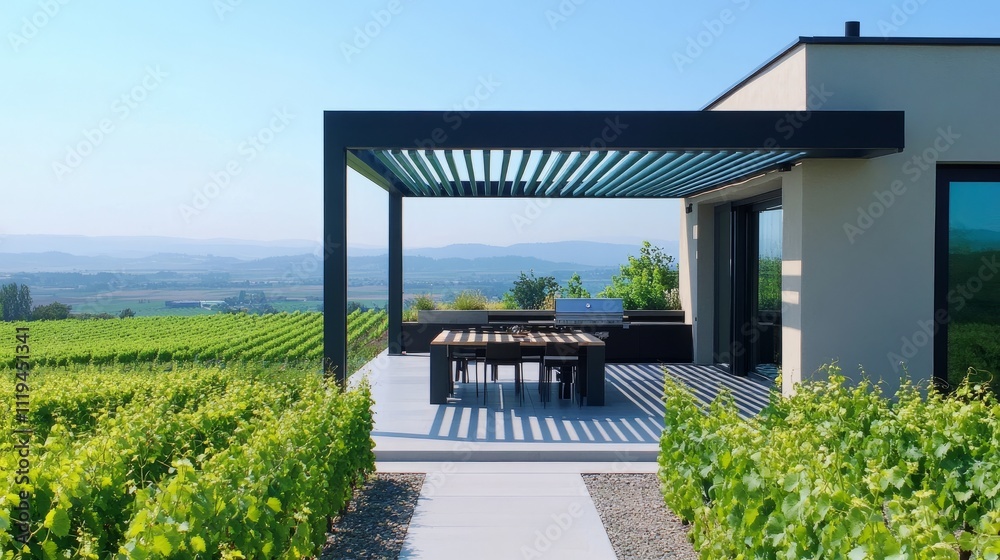 A minimalist rooftop terrace with a modern pergola, a charming dining area, and expansive views of lush vineyard fields A minimalist rooftop terrace with a modern pergola, a charming dining area, and expansive views of lush vineyard fields