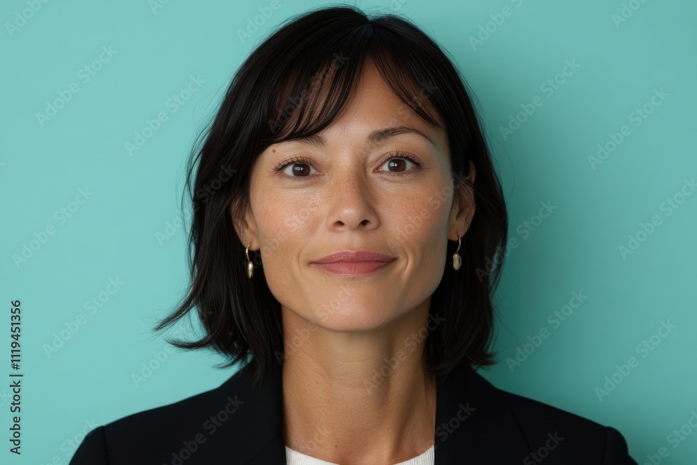 Confident businesswoman smiling on turquoise background Confident businesswoman smiling on turquoise background