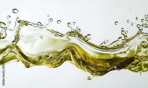 surreal olive oil tsunami goldengreen liquid waves crashing dramatically against a stark white background droplets suspended midair, Generative Ai photo