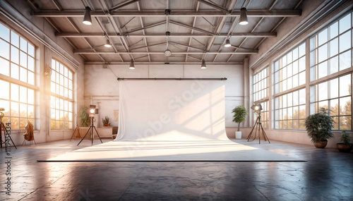 Photo studio in a large warehouse, industrial building, green plants, lovely light, cyclo, camera