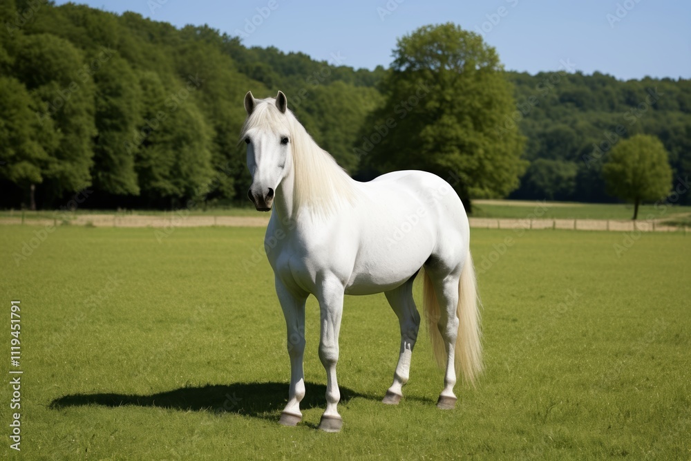 there is a white horse standing in a field of grass there is a white horse standing in a field of grass