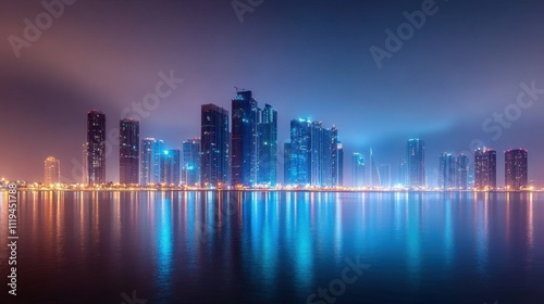 Quiet skyscrapers illuminated by faint city lights under the cloudy, serene sky of New Years night.