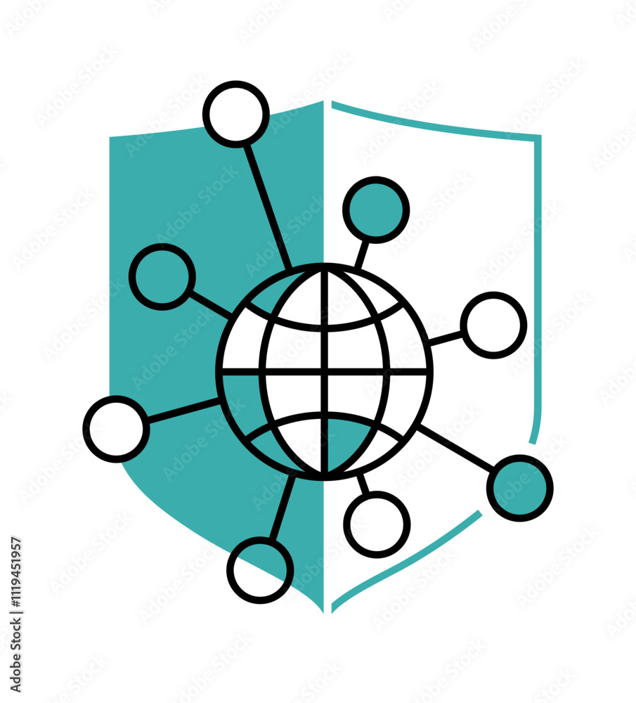 Internet Security systems logo - globe and shield in thin line and blue color Internet Security systems logo - globe and shield in thin line and blue color