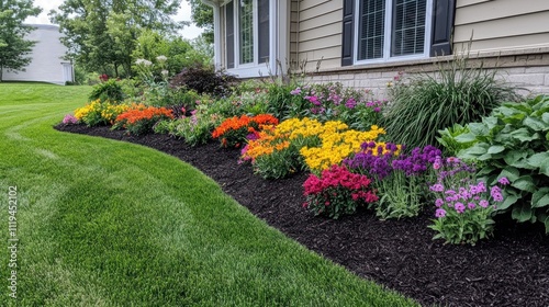 Vibrant flower bed landscaping with colorful blooms and mulch bordering a green lawn next to a house.