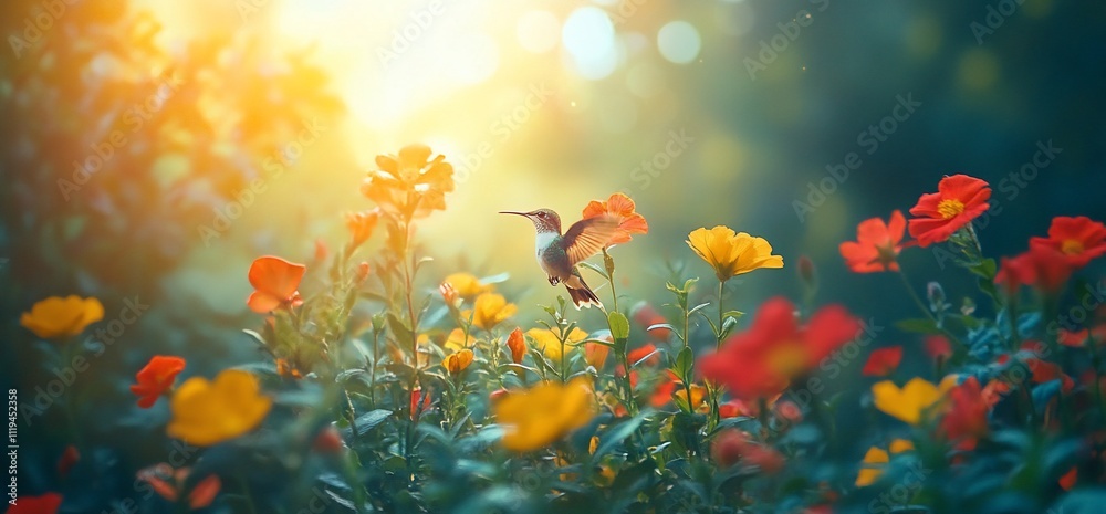 Hummingbird in a sunlit garden with colorful flowers.