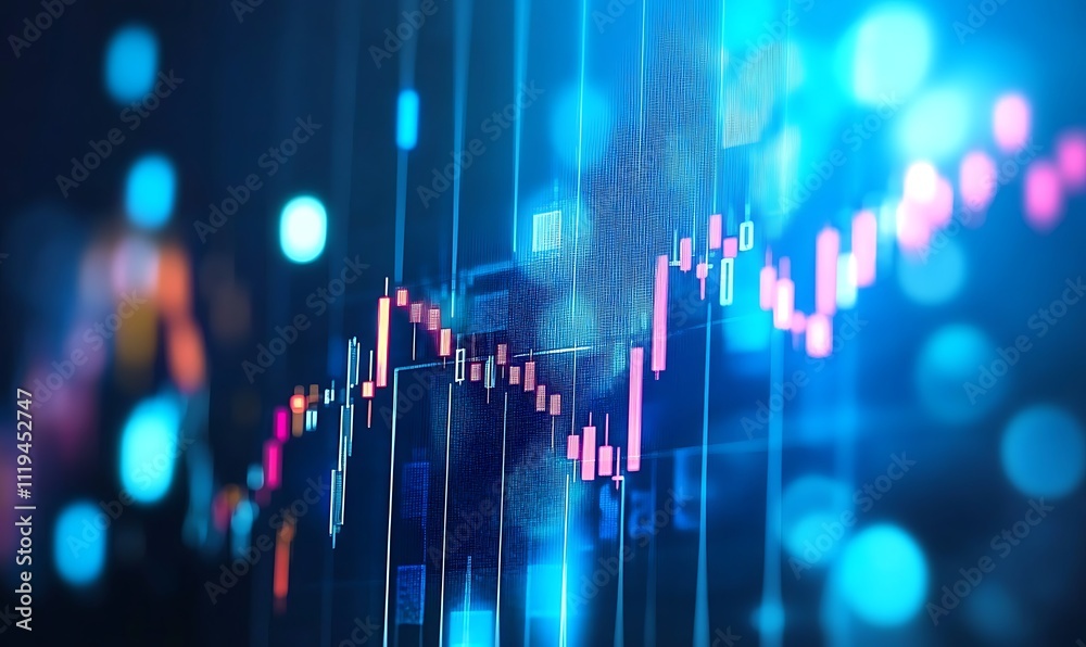 Stock market and investing concept with dark background with place for your advertising poster, blurred dots and digital glowing financial chart candlestick and graphs. 3D rendering, mock up Stock market and investing concept with dark background with place for your advertising poster, blurred dots and digital glowing financial chart candlestick and graphs. 3D rendering, mock up