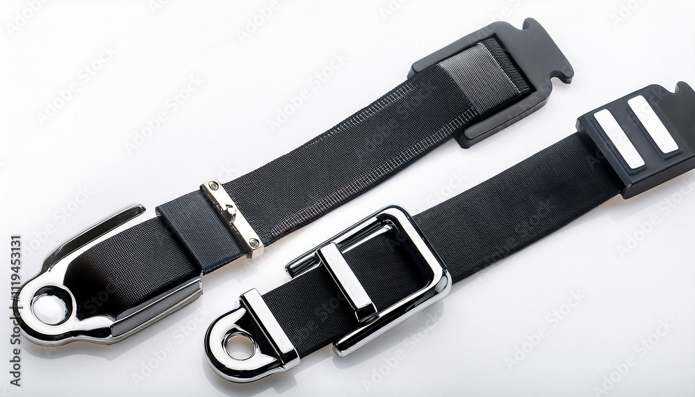 A set of guitar strap locks in chrome and black colors on a white backdrop. A set of guitar strap locks in chrome and black colors on a white backdrop.