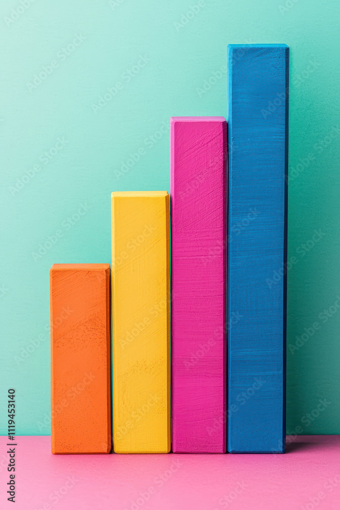 Colorful wooden blocks arranged as bar chart on vibrant background
