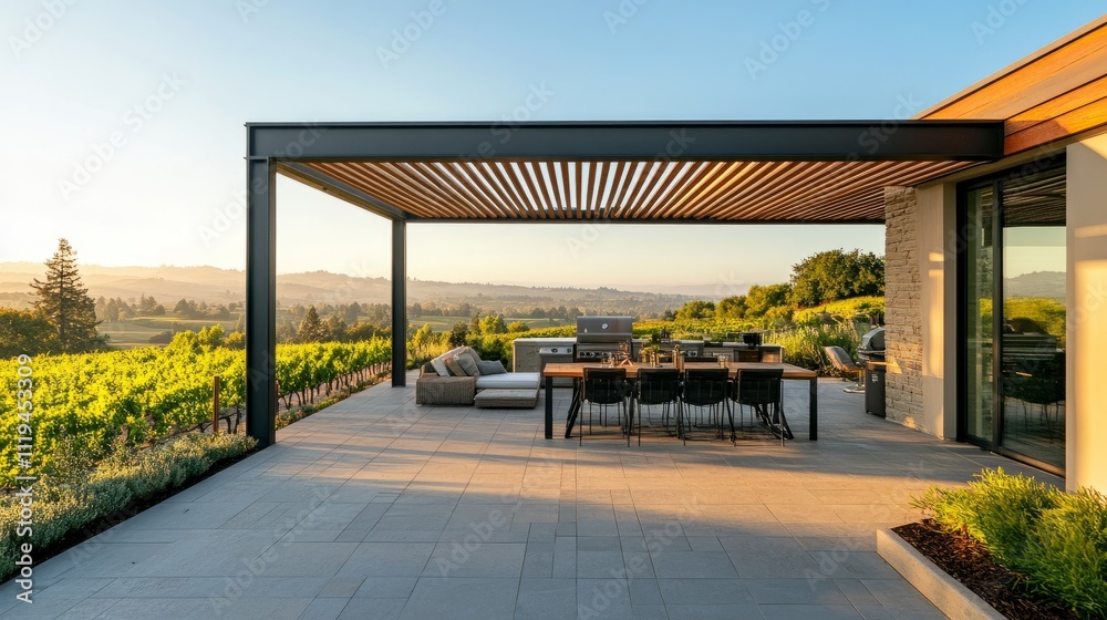A spacious rooftop terrace with a modern pergola, inviting outdoor dining setup, and sweeping vineyard views stretching across the horizon A spacious rooftop terrace with a modern pergola, inviting outdoor dining setup, and sweeping vineyard views stretching across the horizon