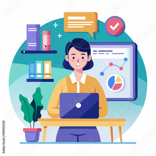 A cheerful woman works on her laptop in a home office.