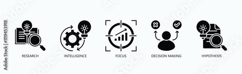 Core Pillars Of Analytical Thinking And Problem Solving Icon Set Vector Illustration Concept With Icon Of Research, Intelligence, Focus, Decision Making, Hypothesis In Glyph Style