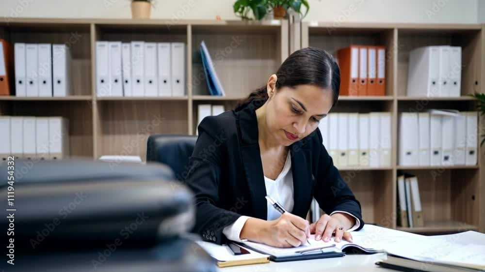 Medium Shot of Legal Secretary Scheduling Appointments on Planner in Tidy Office Station Medium Shot of Legal Secretary Scheduling Appointments on Planner in Tidy Office Station