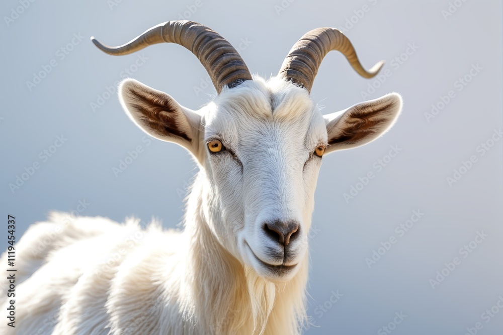 there is a goat with long horns standing in the sun there is a goat with long horns standing in the sun