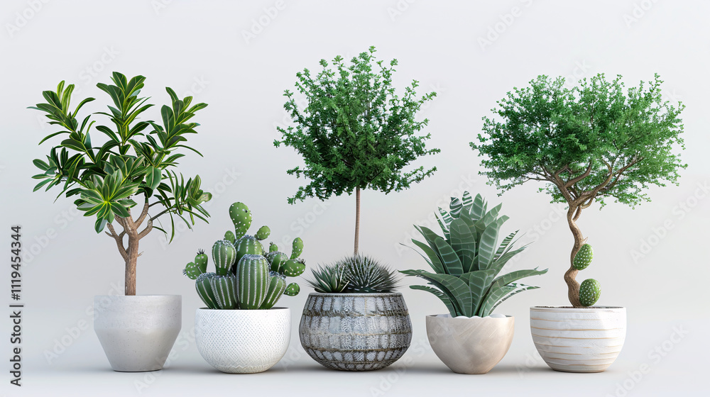Fototapeta premium Dragon Trees, Pencil Cactus, Rubber Tree: 3D illustrations of ornamental plants in pots.