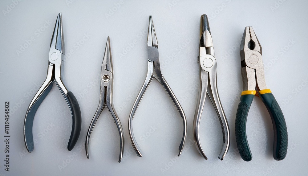 A set of pliers in various styles (needle nose, cutting, etc.) on a white table. A set of pliers in various styles (needle nose, cutting, etc.) on a white table.