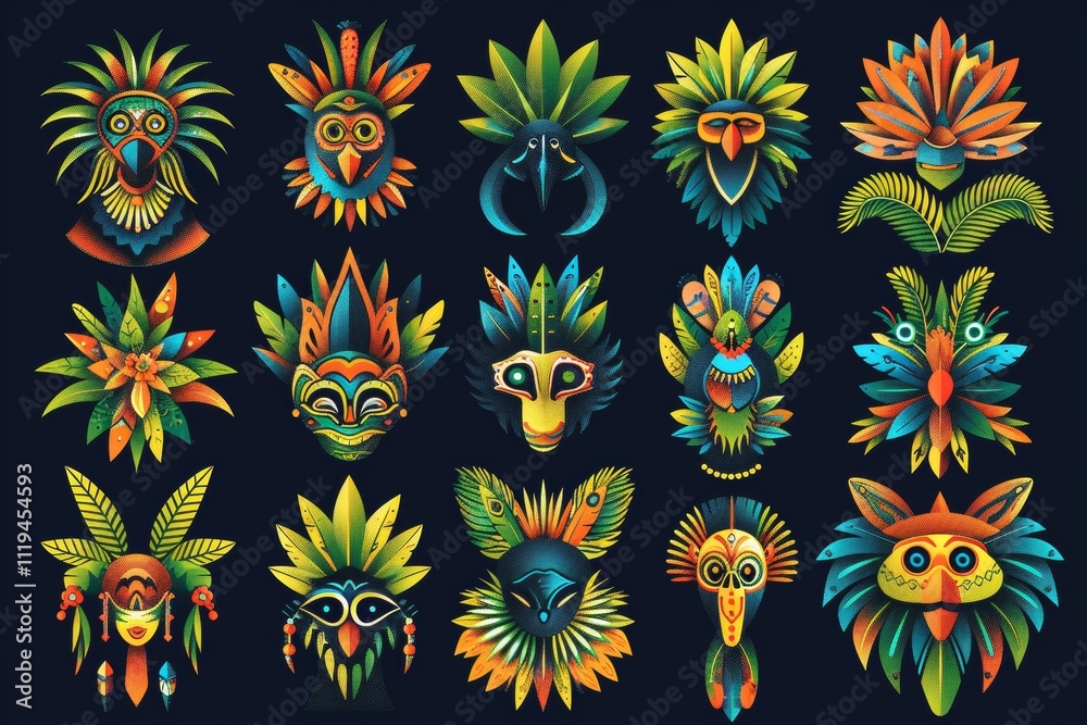 Naklejka premium A lively Brazilian cultural scene filled with carnival masks, vibrant feathers, samba dancers in colorful costumes, and exotic tropical flowers, evoking the excitement