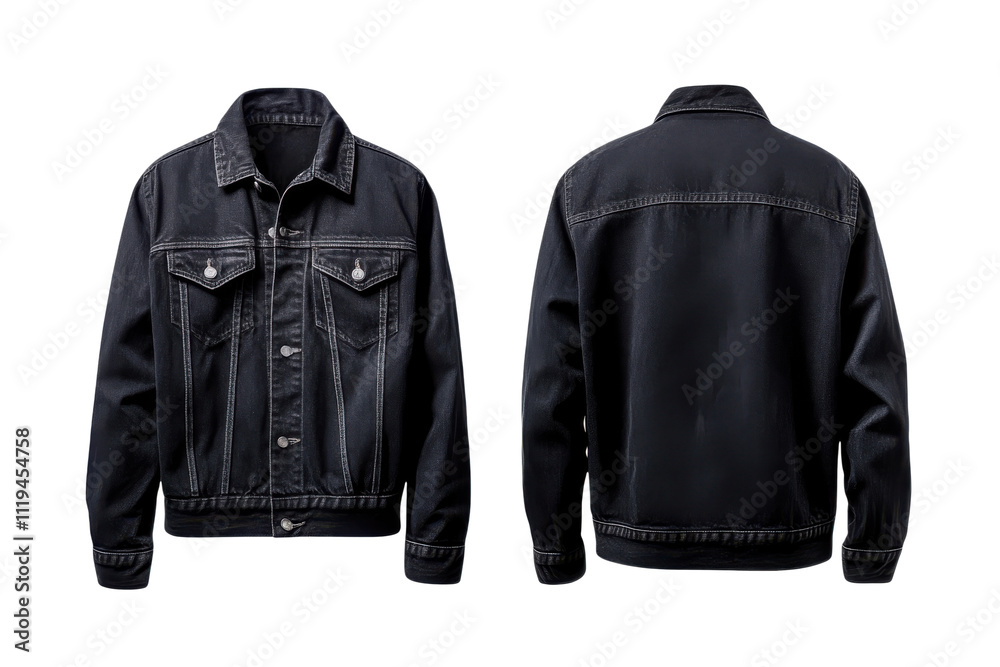 Black denim jacket, front and back views isolated on transparent background Black denim jacket, front and back views isolated on transparent background