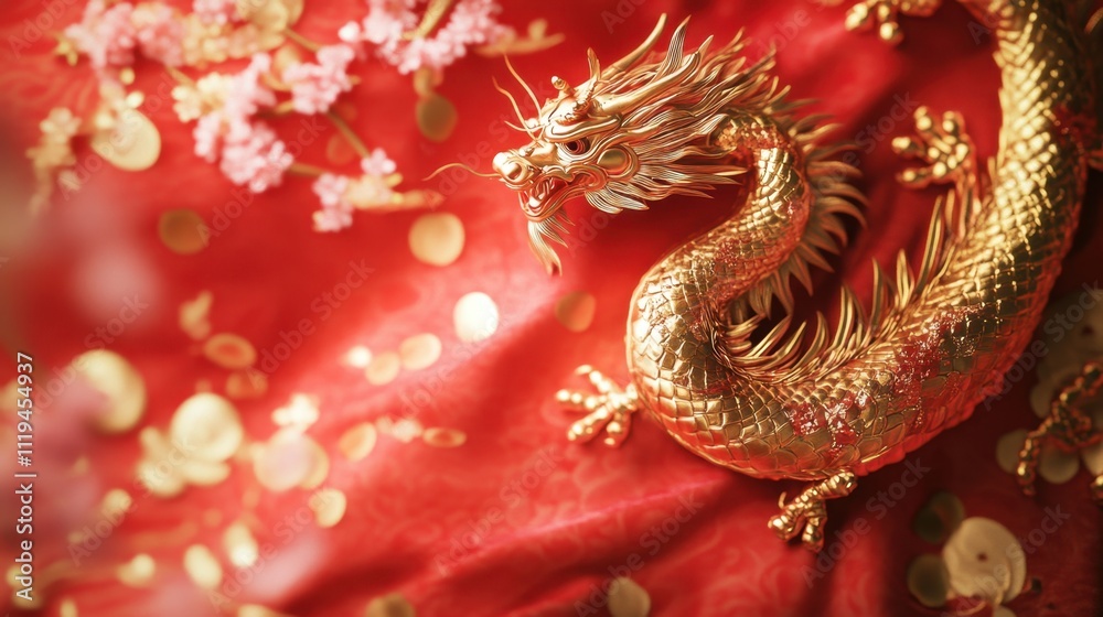 Obraz premium Radiant golden dragon with ornate details on a red and gold backdrop, evoking symbols of luck and richness.