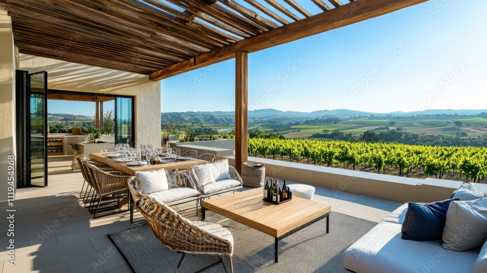 Chic rooftop terrace with a wooden pergola for shade, a contemporary dining area, and breathtaking views of a vineyard-covered valley Chic rooftop terrace with a wooden pergola for shade, a contemporary dining area, and breathtaking views of a vineyard-covered valley