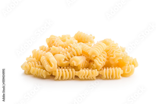 Uncooked italian pasta. Radiatori pasta isolated on white background. photo