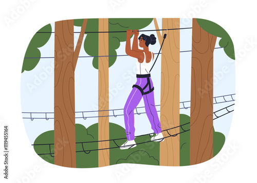 Woman on rope course in forest park, outdoor adventure, leisure activity in n...
