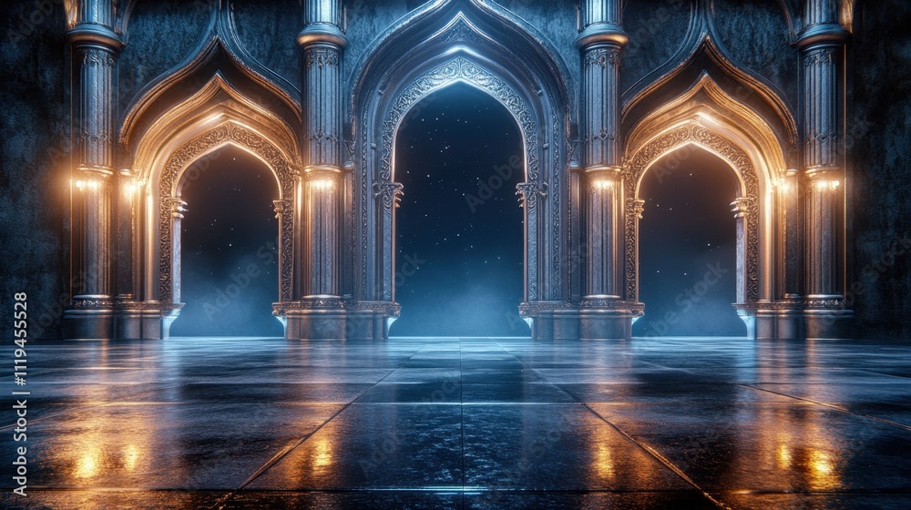 Radiantly lit arches with intricate architectural designs stand in a serene nighttime setting, glowing softly in the dark