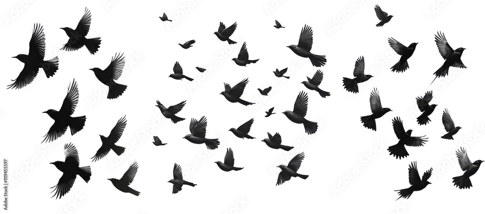Group of black birds in flight minimalist illustration isolated on transparent background Group of black birds in flight minimalist illustration isolated on transparent background